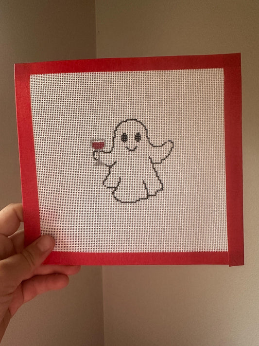 Wine Ghost Needlepoint Canvas – Halloween Cocktail Mini, Hand-Painted 18 Mesh